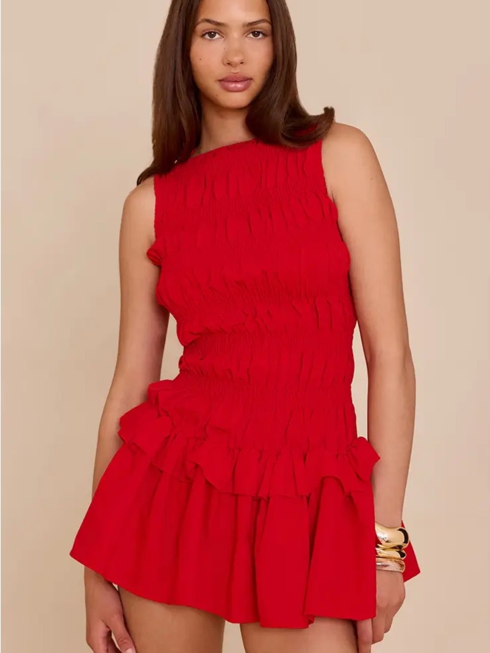 PrettyLittleThing Red Smocked Ruffle Mini Dress